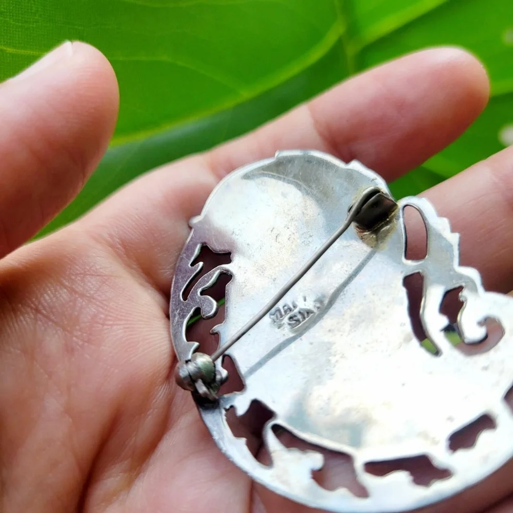 Vintage Old Siam Silver Ornate Lapel Brooch Pin - Picture 7 of 8